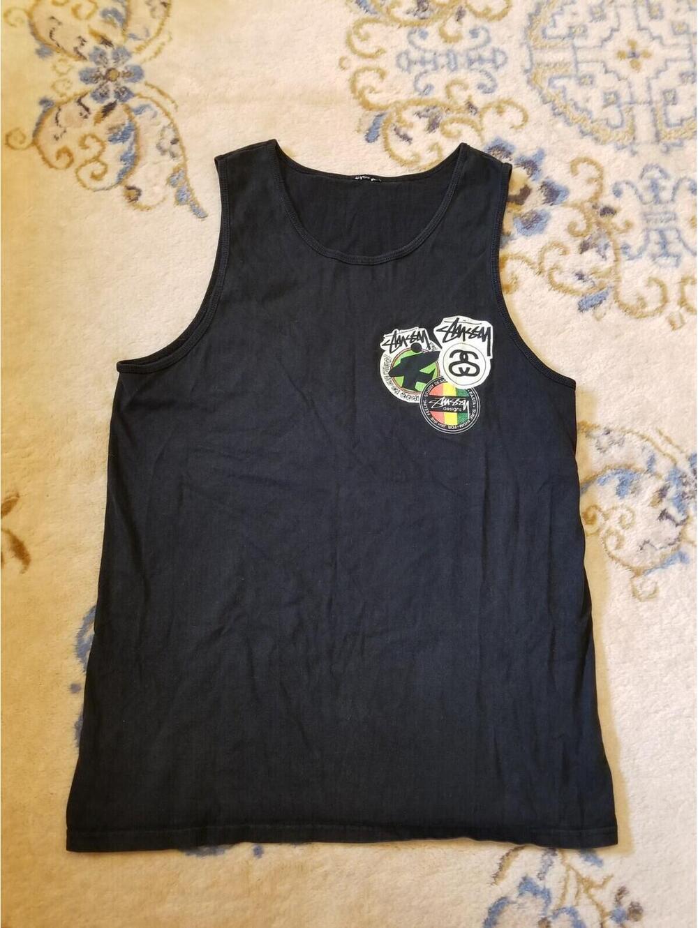 Vtg Stussy Surfman Tank Top Mens Size M Front Back logo Rasta Jah Black Shirt